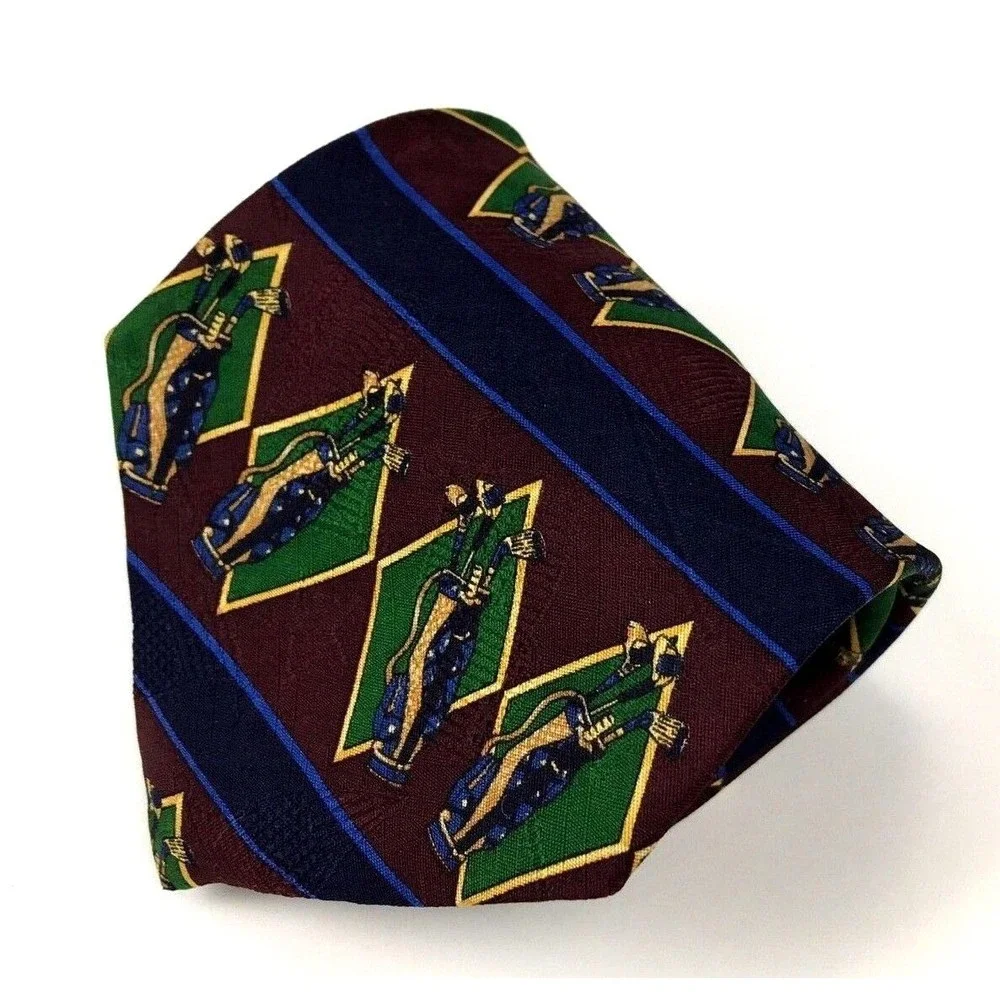 Tommy Hilfiger Men's 100% Silk Geometric Striped Golf Club Bag Novelty Necktie